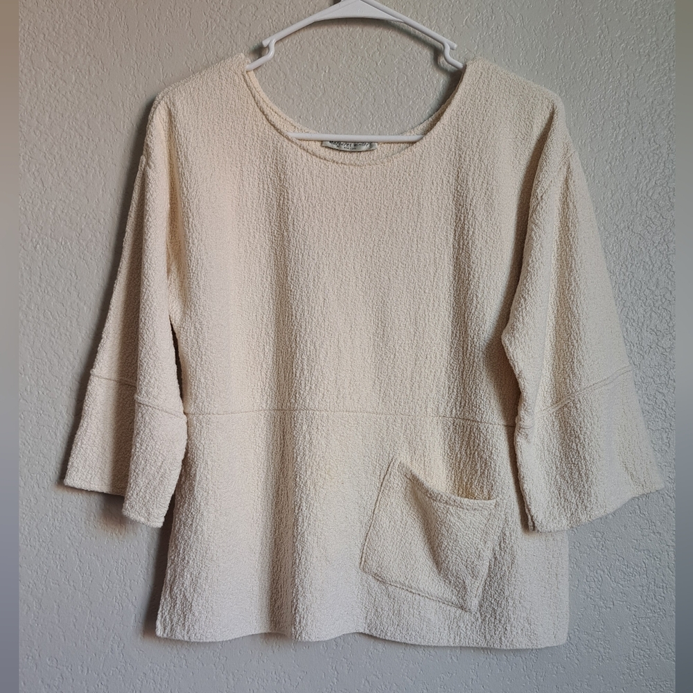 Margaret Winters Cream Lagenlook Textured Quarter Sleeve Top With Pocket Size XS